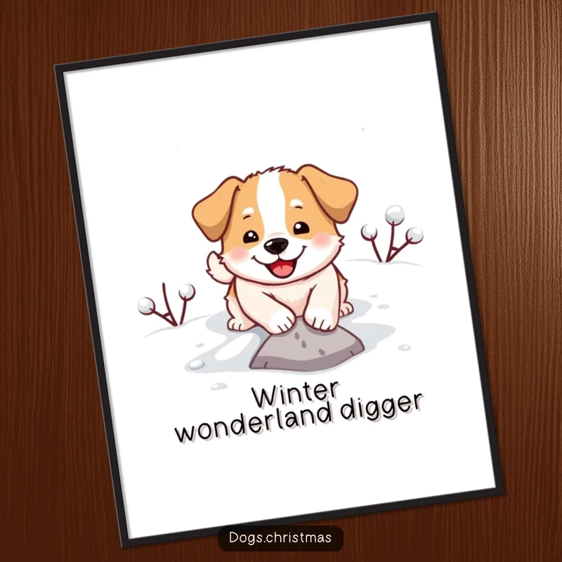 Funny poster depicting a dog joyfully excavating snow with a wide grin, ready to bring smiles.