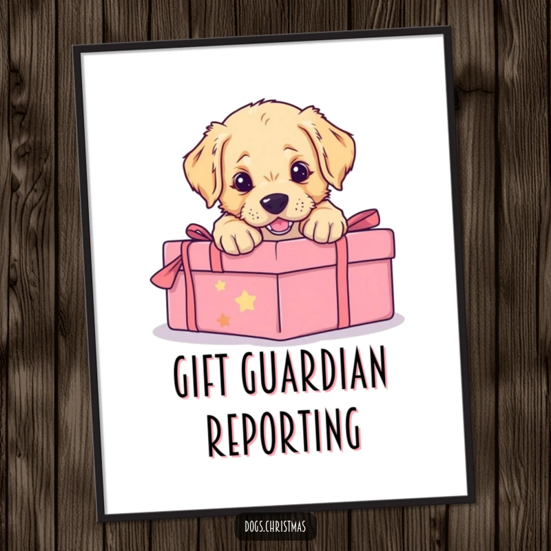 Funny poster of a golden retriever puppy hilariously pouncing with all its might on a festive, wrapped gift box. Capture the chaos.