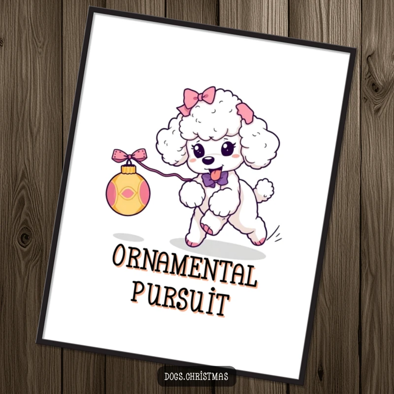 Funny Kawaii Poodle Poster: A cute poodle with bows playfully chases a rolling ornament, a humorous piece of festive wall art.