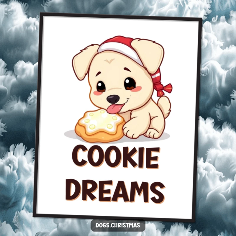 Funny Kawaii Dog Poster: A dog enjoys a glowing Christmas cookie, capturing the funny wonder of the holidays.