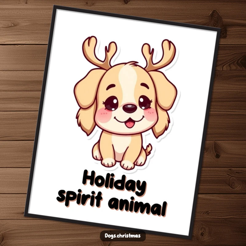Funny Poster: A dog character wearing whimsical reindeer antlers, looking playful and ready to spread holiday cheer.