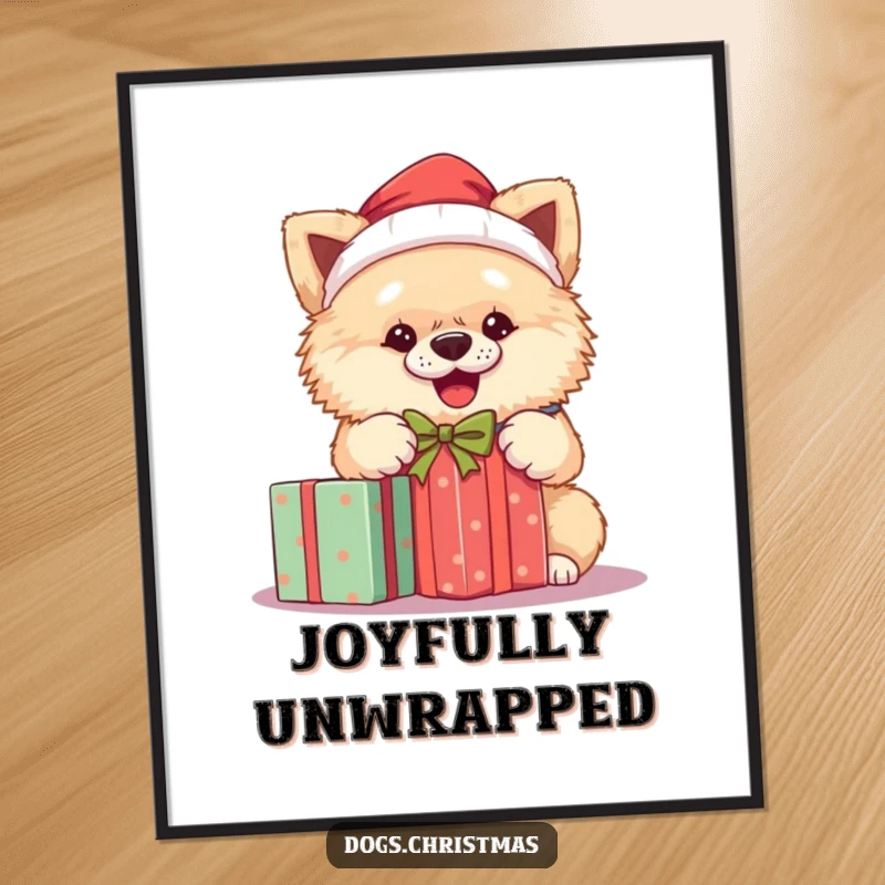 Funny Santa dog poster of a fluffy dog in a Santa hat, excitedly unwrapping a Christmas present, celebrating the holidays.