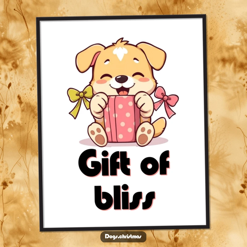 Funny Unwrapping Dog Poster: A humorous art print of a dog gleefully using its paws to open a wrapped present.