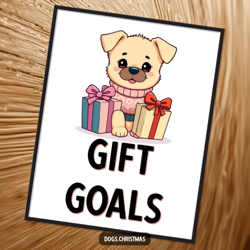 Funny Kawaii Dog Poster: A dog in a festive sweater excitedly looks at a gift, capturing the funny spirit of holiday anticipation.