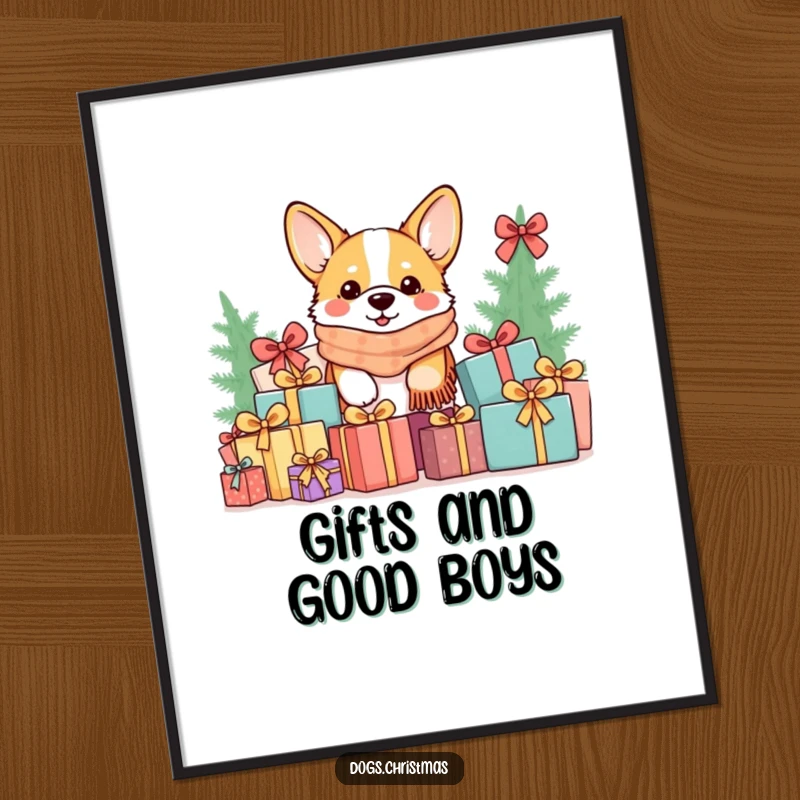 Funny Kawaii Corgi Poster: A corgi in a cozy scarf peeks out from a pile of gifts, a humorous and festive wall art.