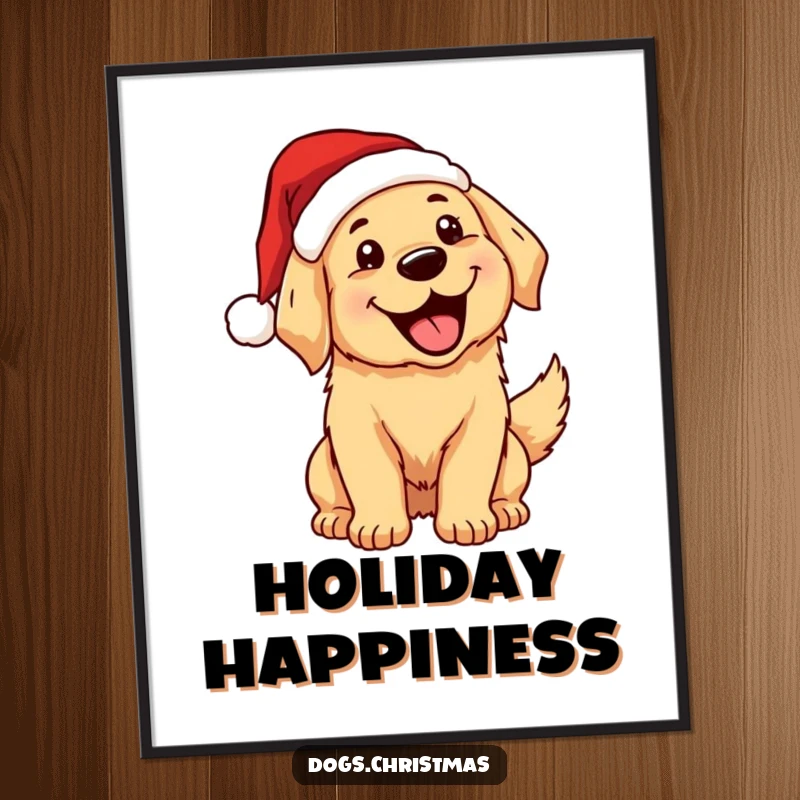 Funny, excited kawaii golden retriever in a Santa hat wagging its tail, mouth open, on a vibrant poster.