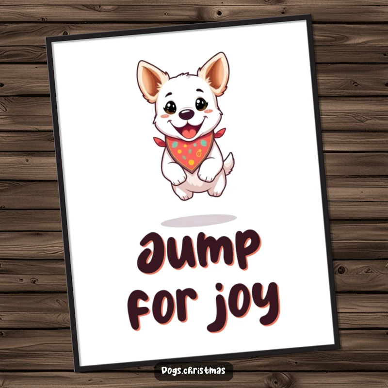 Funny poster print of a dog in a festive bandana, performing a joyful, happy jump, perfect for walls.