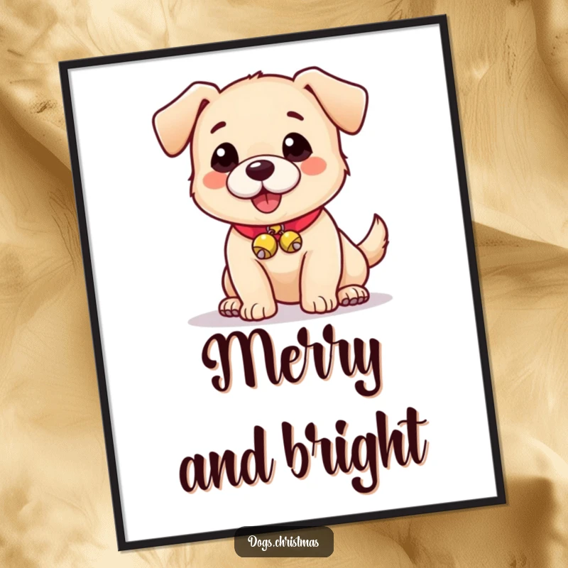 Funny poster of a cute dog wearing little jingle bells on its collar, evoking playful innocence.