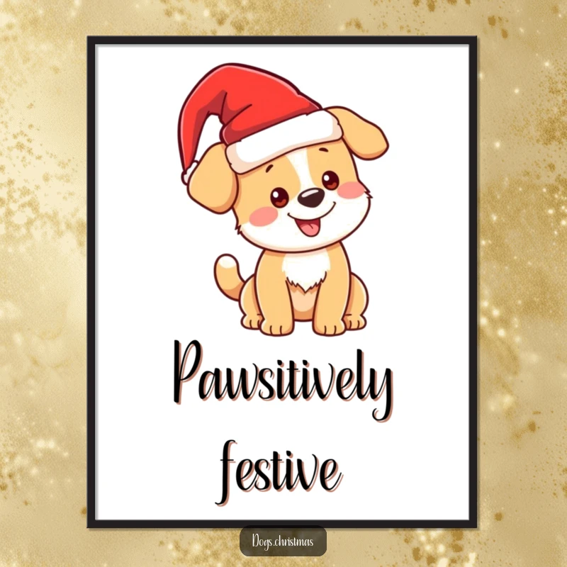 Funny kawaii Christmas dog wearing a Santa hat, wagging tail, festive wall art, adorable holiday decor, perfect funny gift.