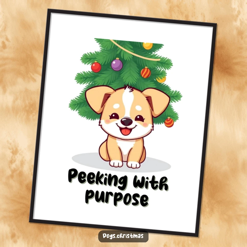 Funny Dog Christmas Poster: A dog with a wide grin peeks from beneath a Christmas tree, creating joyful and humorous wall art.