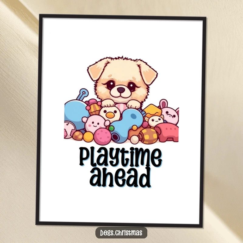 Funny kawaii dog peeking from behind toys, fluffy pup poster, cute wall art, perfect funny gift.