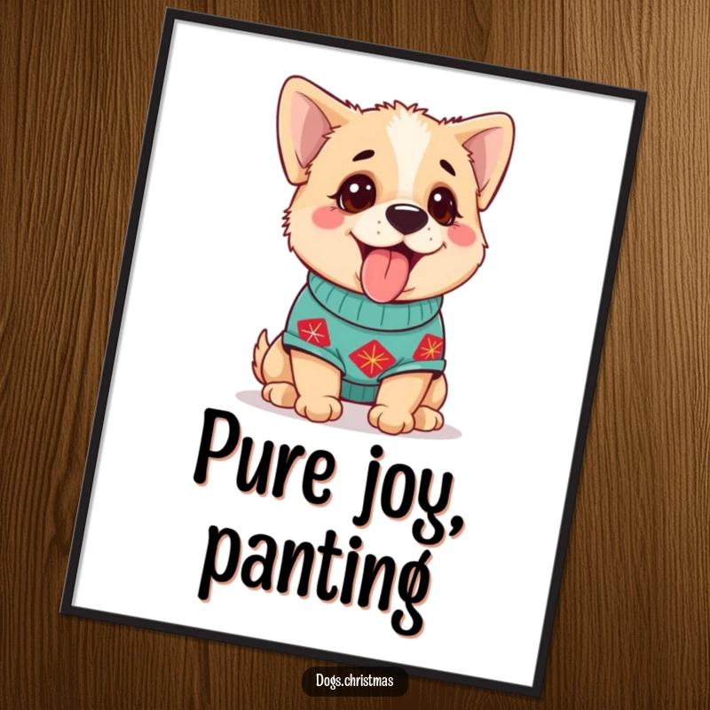 Funny Dog Poster of a cute dog in a festive sweater, panting happily, perfect for holiday wall art.