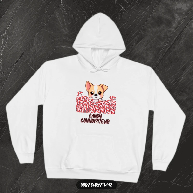 Funny dog hoodie, curious pup peeking from behind pile of candy canes, eyes wide, conveying sweet holiday mischief and warmth.