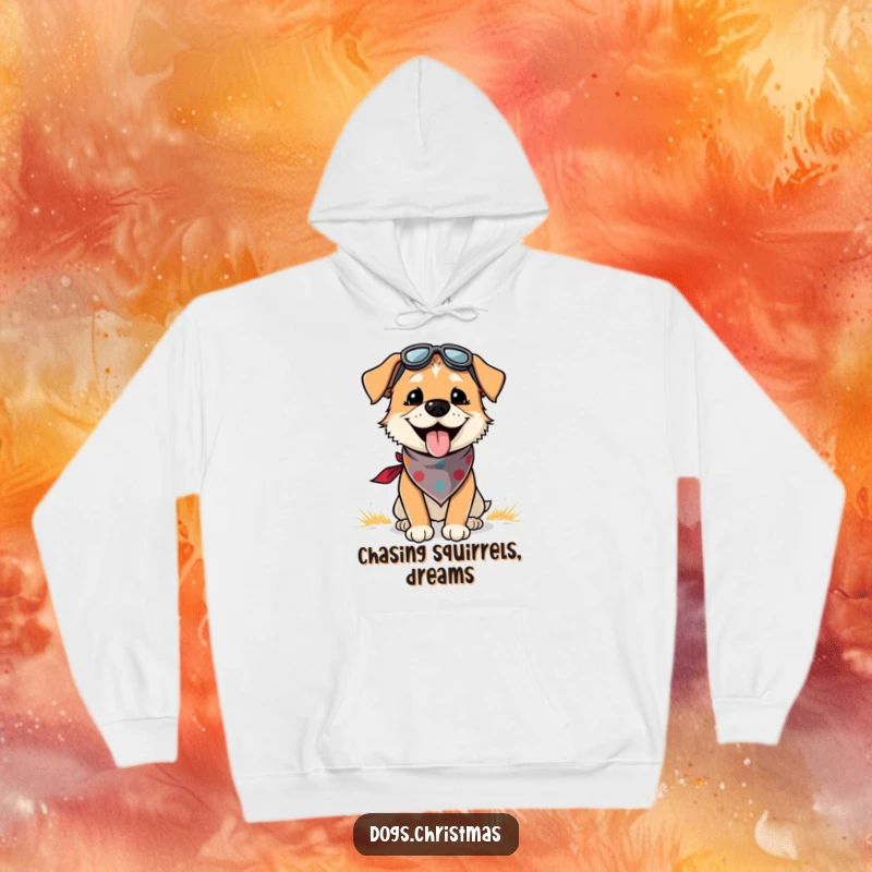 Funny hoodie showcasing a happy dog with a festive bandana, panting with delight during an outdoor adventure, cozy and humorous apparel.
