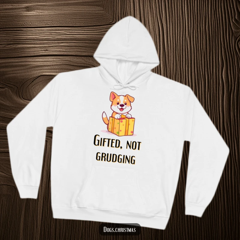 Funny dog hoodie, cute wagging tail, unwrapping a brightly colored gift with excitement, cozy and cheerful.