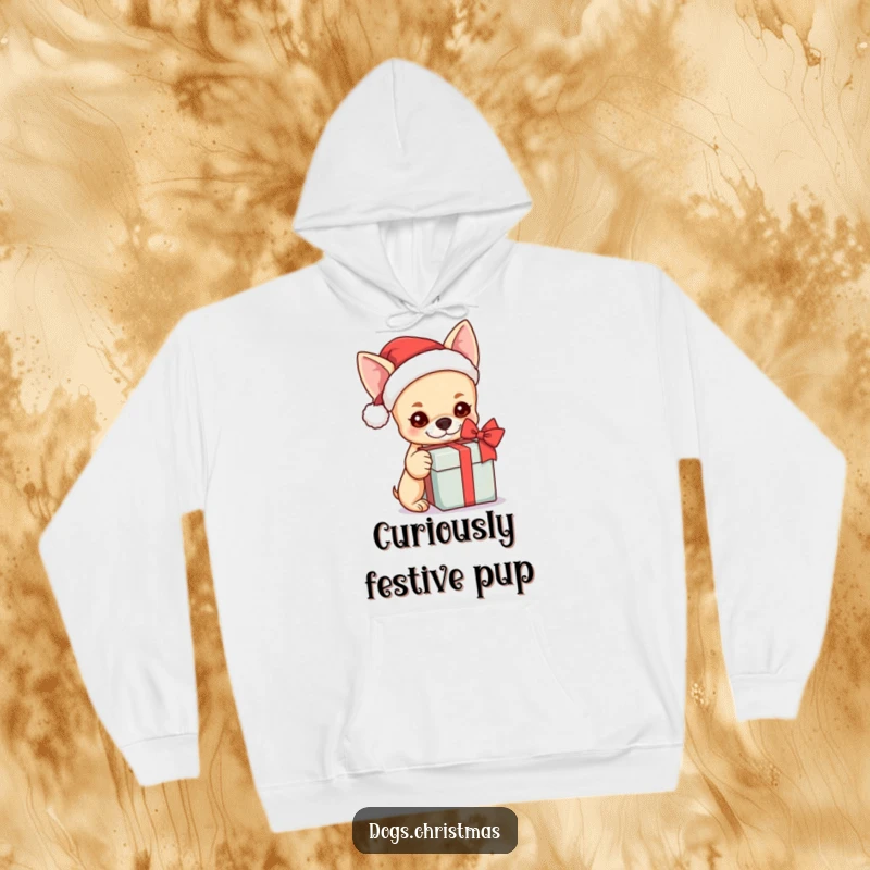 Funny kawaii chihuahua in a Santa hat, curiously shaking a gift box, designed for ultimate comfort.