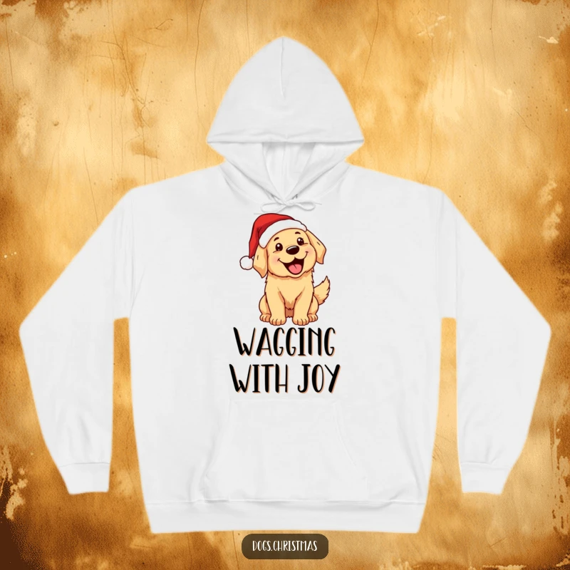 Funny, excited kawaii golden retriever in a Santa hat wagging its tail, mouth open, on a cozy hoodie.