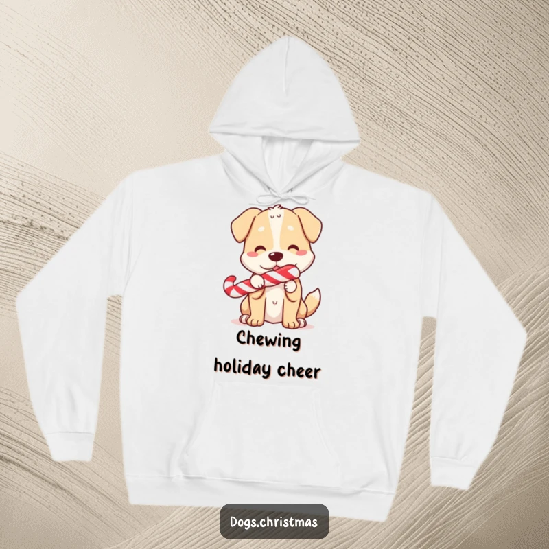 Funny Hoodie: A joyful dog character holding a candy cane, its tail wagging with happiness, perfect for the holidays.