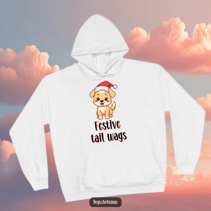 Funny Christmas Dog Hoodie: A cute dog in a Santa hat excitedly wags its tail, a cozy holiday design.