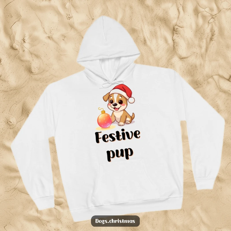 Funny dog hoodie, happy pup wearing tiny Santa hat, playing with a glowing Christmas ornament, festive and cozy holiday wear.