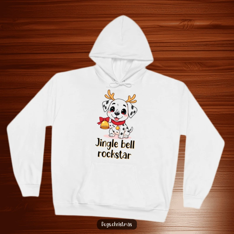 Funny Kawaii Dalmatian Hoodie: A dalmatian in reindeer antlers joyfully holds a jingling bell, a humorous and warm winter hoodie.