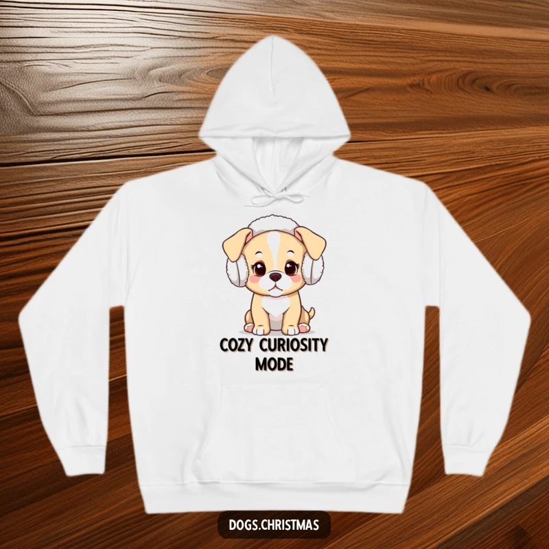 Funny Kawaii Puppy Hoodie: A soft hoodie featuring a curious kawaii puppy wearing festive earmuffs, perfect for cozy days.