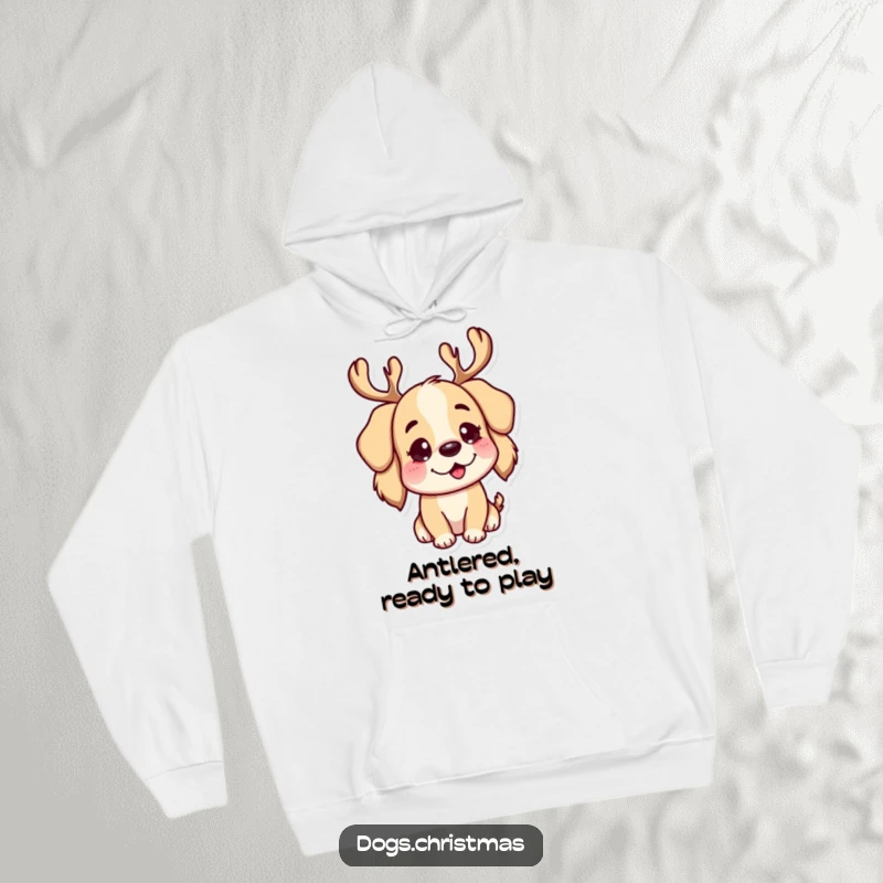Funny Hoodie: A cute dog character proudly wearing prominent reindeer antlers, looking ready for some festive fun.