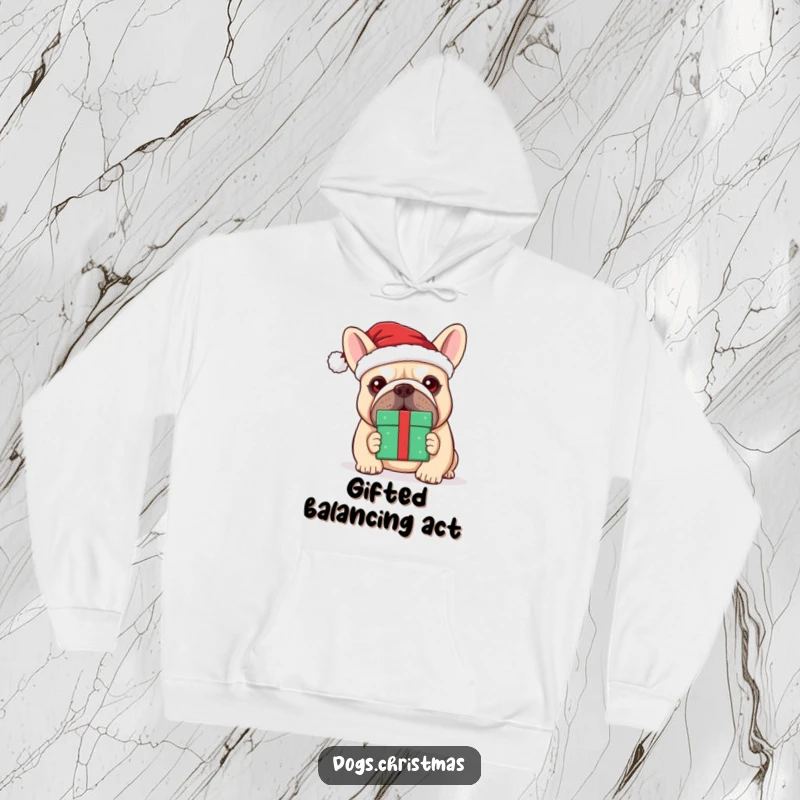 Funny kawaii bulldog wearing a Santa hat, precariously balancing a gift box on its nose, designed for comfort.