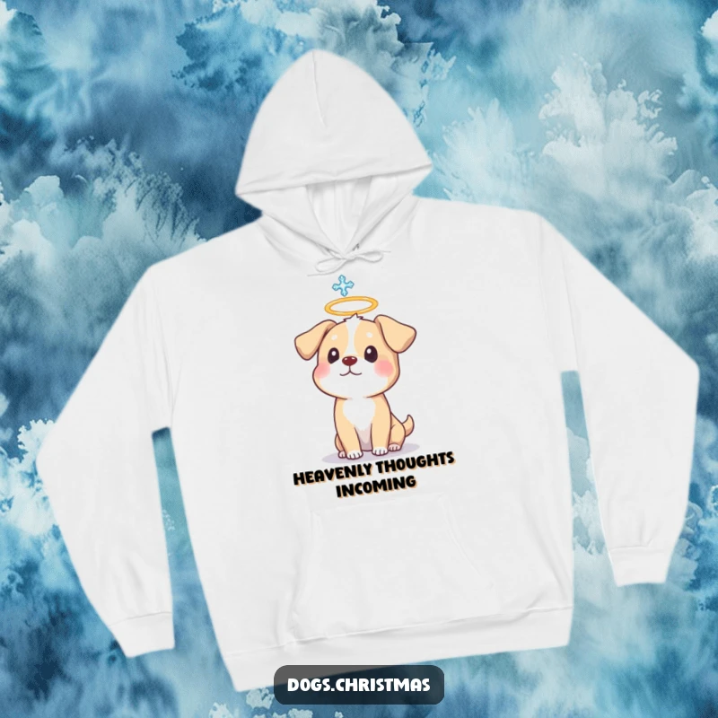 Funny Dog Halo Hoodie showcasing a halo-wearing dog surprised by a snowflake, a warm and funny gift.