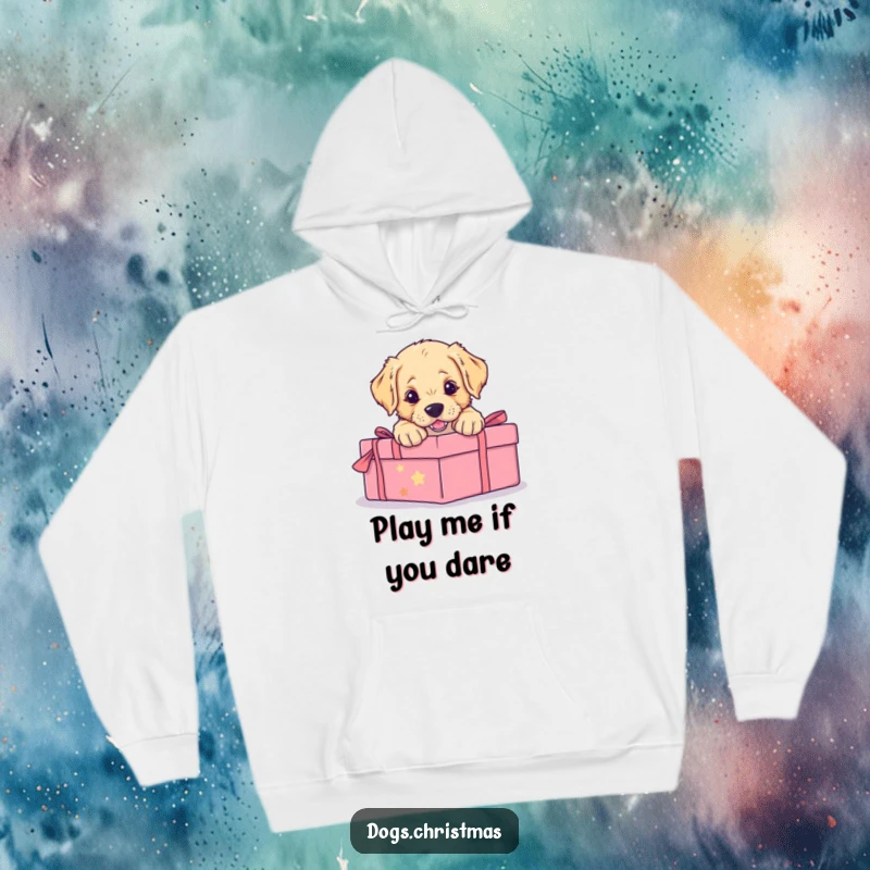 Funny hoodie depicting a fluffy golden retriever puppy aggressively yet adorably pouncing onto a brightly wrapped holiday present. Pure canine excitement.