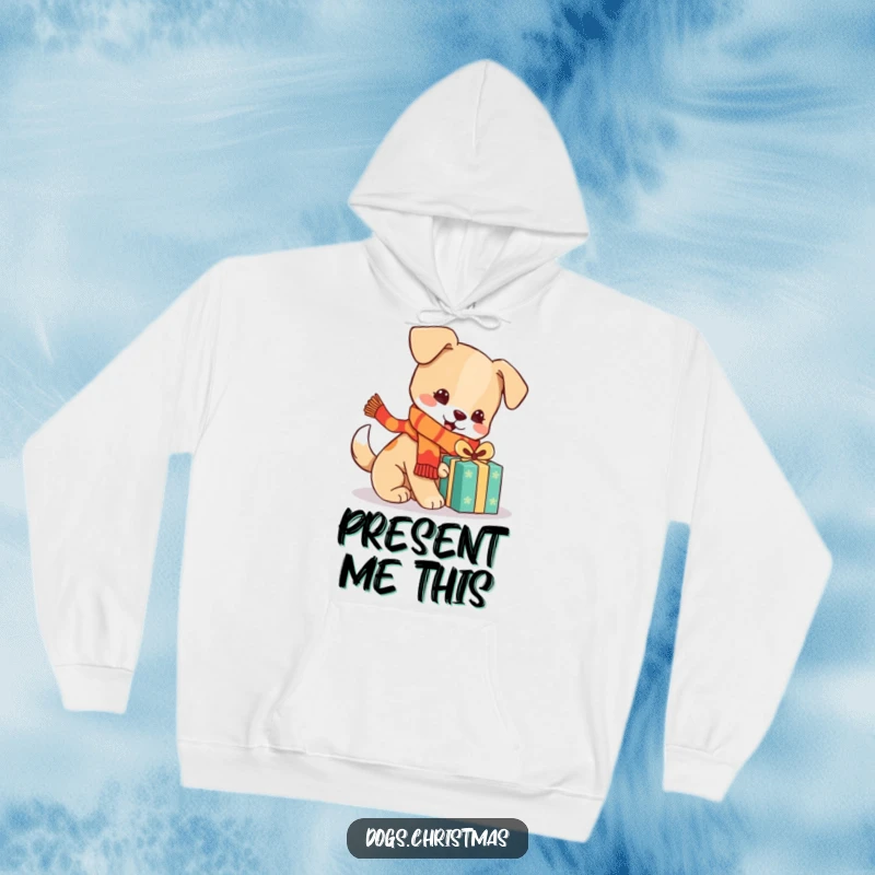 Funny kawaii dog wearing a scarf, playing with a gift, cozy hoodie, festive design, great funny gift.