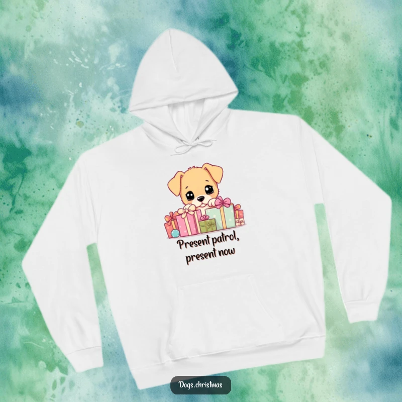 Funny Hoodie: A sweet puppy peeking out from behind a generous stack of wrapped presents, radiating pure puppy joy.