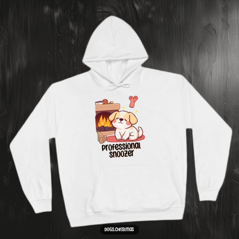 Funny Kawaii Dog Hoodie: A cute dog dreams by a fireplace, radiating warmth and happiness, making this a perfect cozy and funny apparel.