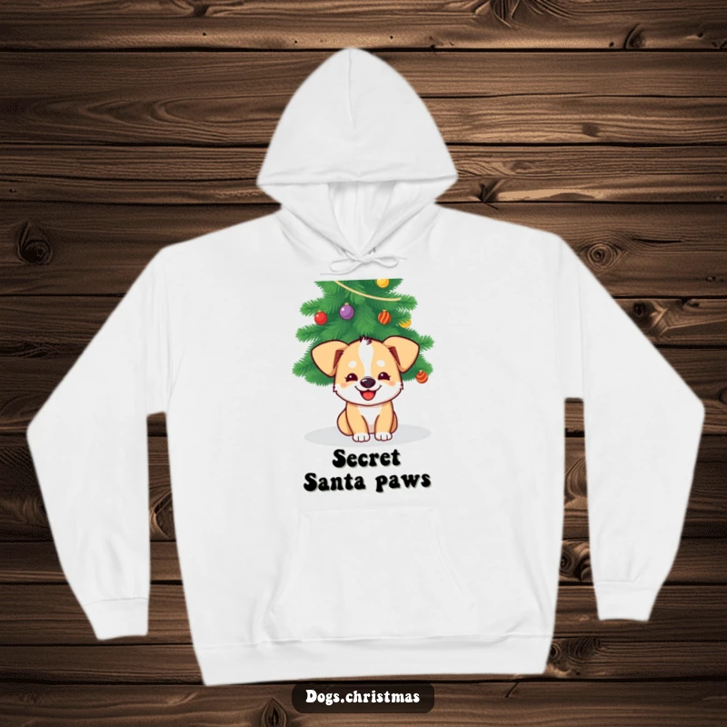 Funny Dog Christmas Hoodie: A grinning dog peeks from under a Christmas tree, offering warm, festive, and humorous comfort.