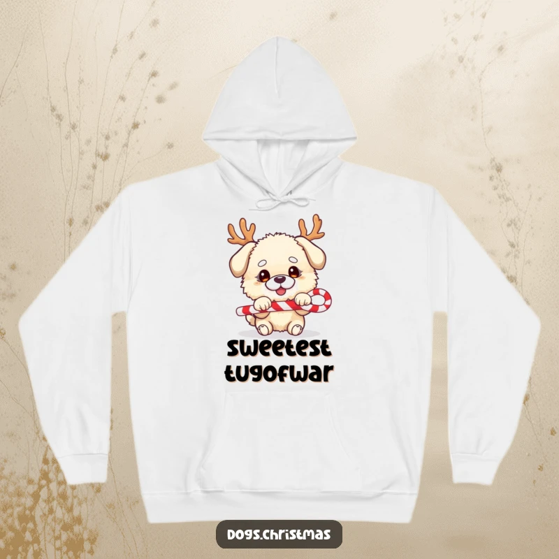 Funny dog hoodie, fluffy character, festive antlers, playing tug-of-war with candy cane, warm and humorous.