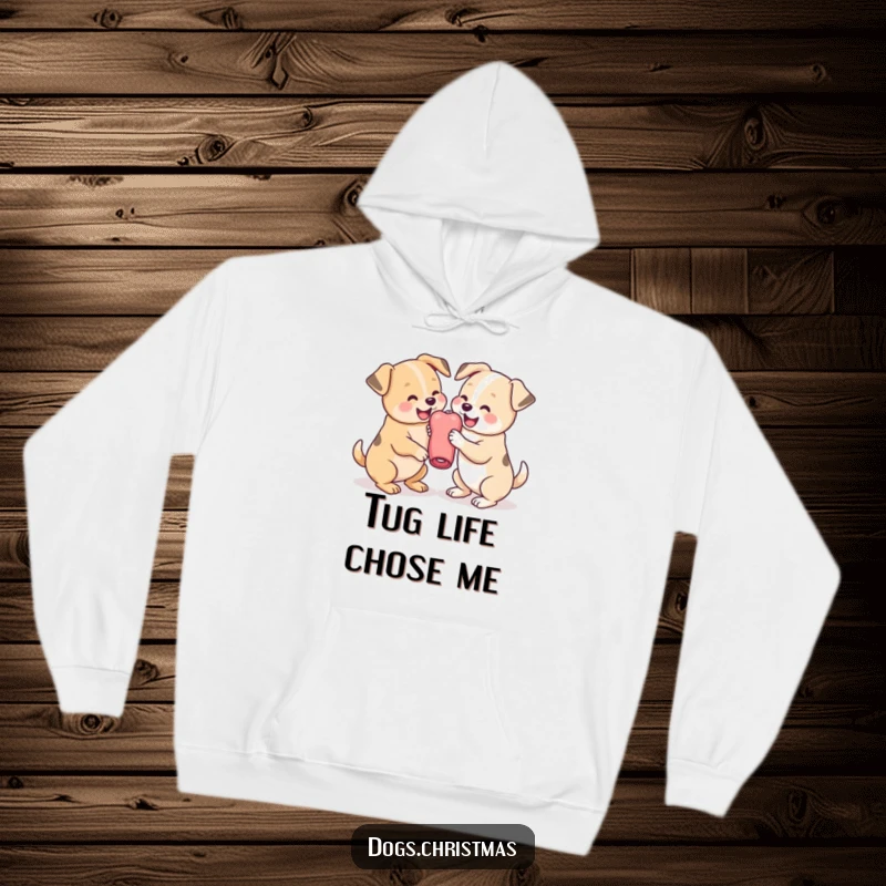 Funny Dog Hoodie featuring two adorable kawaii dogs playfully wrestling with a chew toy, ideal for warmth and doggy delight.