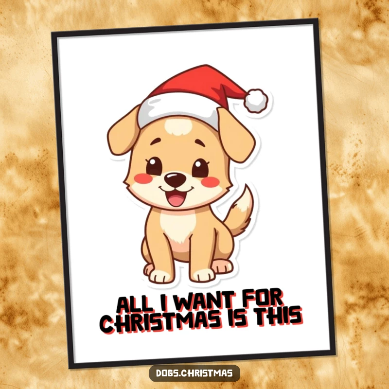 Funny Free Printable Wall Art: Excited dog in a Santa hat, wagging its tail, spreading holiday cheer.