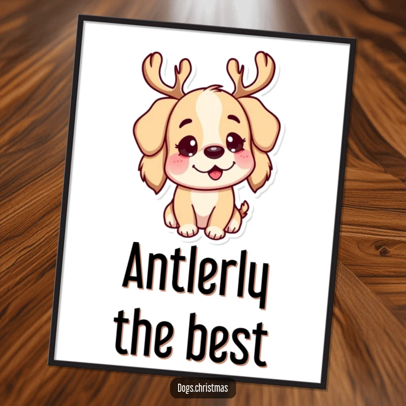 Funny free printable wall art: A dog sporting playful reindeer antlers, looking festive and ready to bring holiday cheer to your space.