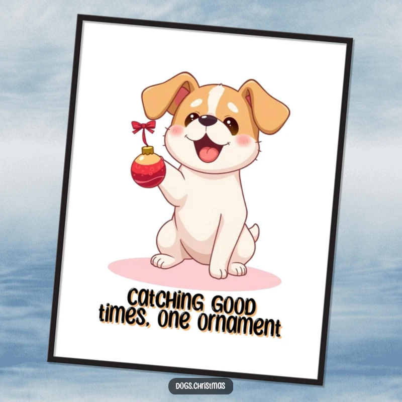 Funny Free Printable Wall Art: Kawaii dog, floppy ears, joyfully catching a Christmas ornament, cute and festive holiday art.