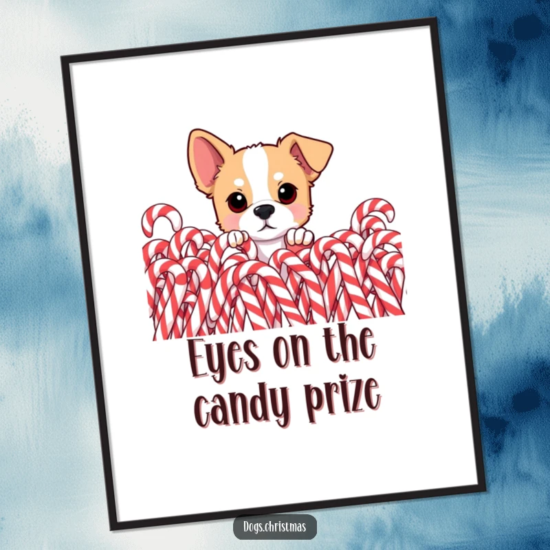 Funny Free Printable Dog Wall Art: A curious dog peeks from candy canes, eyes wide with wonder, downloadable art.