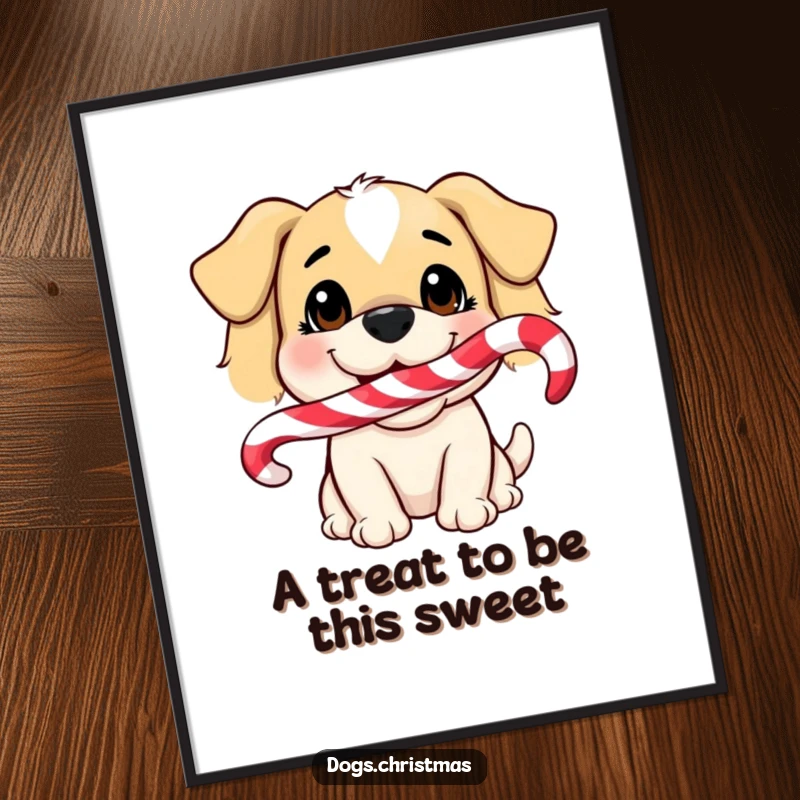 Funny Free Printable Wall Art: A dog smiles holding a candy cane in its mouth. Festive, humorous pet art, downloadable.