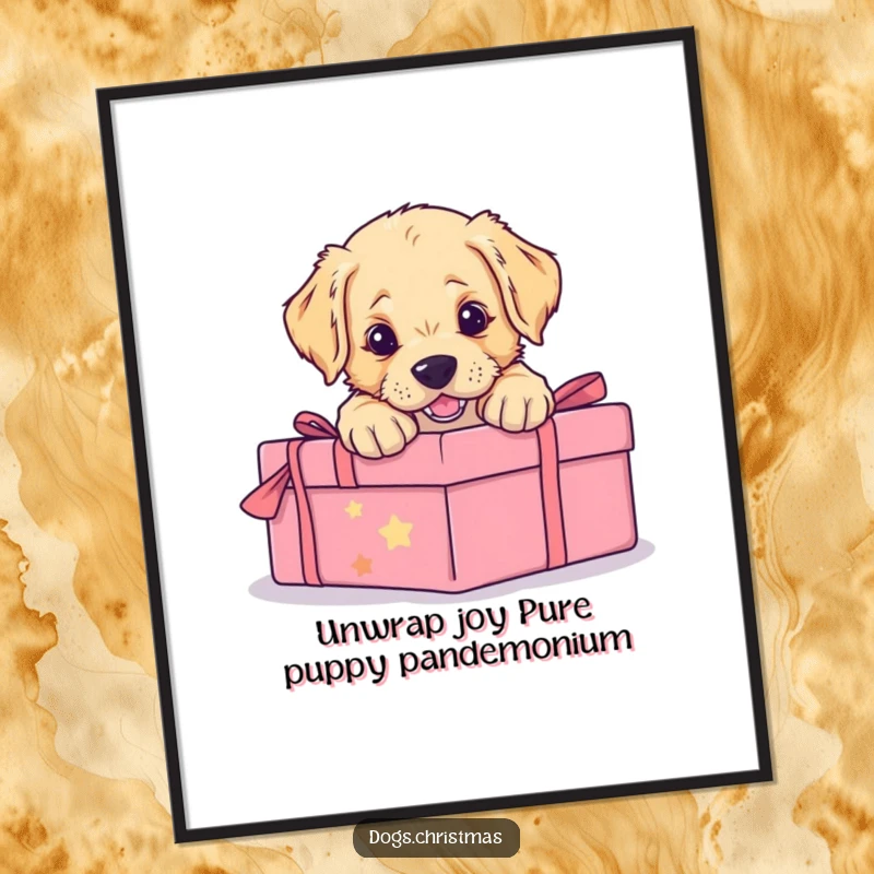 Funny Free Printable Wall Art depicting a cute golden retriever puppy in mid-pounce, playfully attacking a wrapped gift, full of energetic charm.