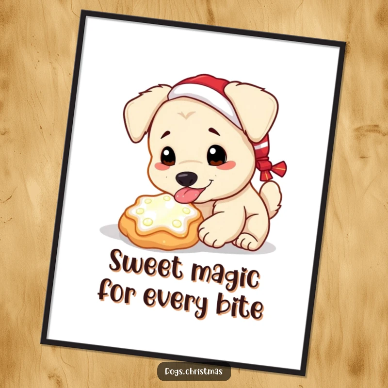 Funny Free Printable Wall Art: Kawaii dog licking a magical, glowing Christmas cookie, a whimsical downloadable piece.