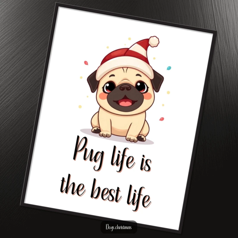 Funny Free Printable Pug Elf Hat Wall Art: Kawaii pug in elf hat, surrounded by festive lights, joyful barking illustration.