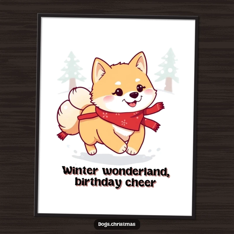 Funny Free Printable Shiba Inu Wall Art: A kawaii dog in a bandana joyfully bounding through snowy landscapes.