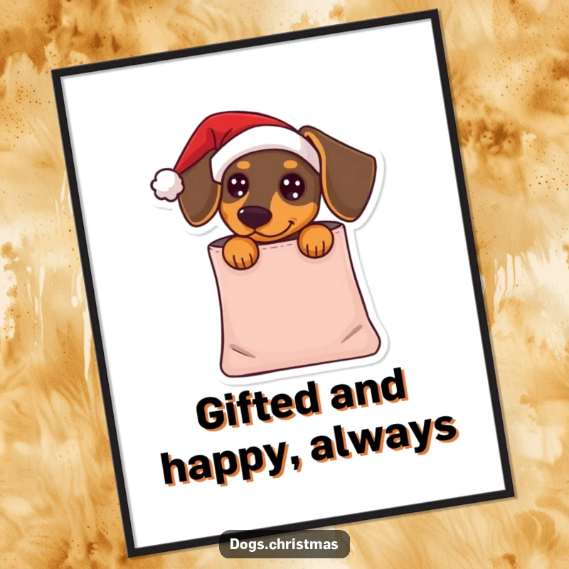Funny free printable wall art depicting a dachshund in a Santa hat peeking curiously out of a gift bag.