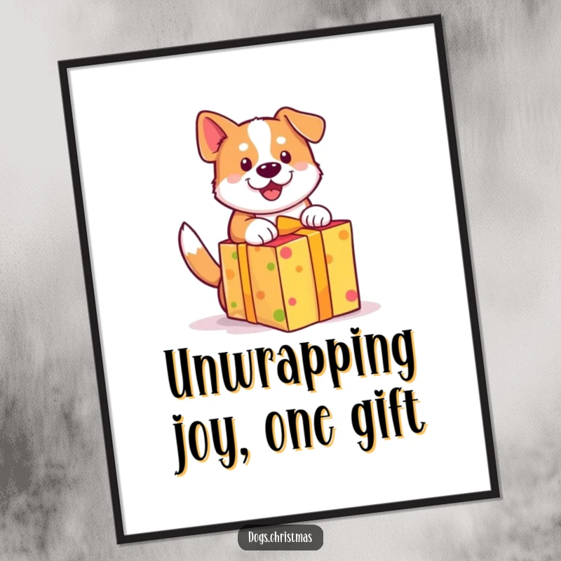 Funny Free Printable Wall Art: Cute dog, wagging tail, unwrapping a brightly colored gift, full of excitement and happiness.