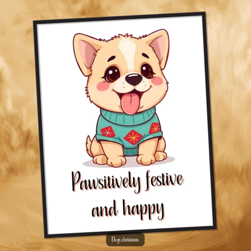 Funny Free Printable Wall Art: Adorable dog in a festive sweater, panting happily, bringing warmth and humor.