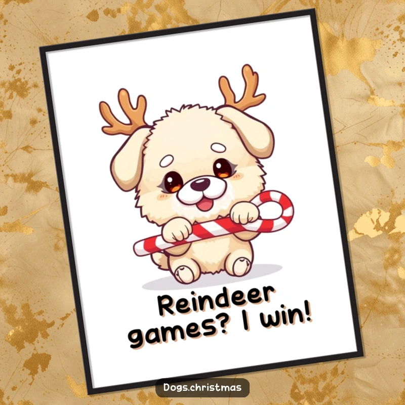 Funny Free Printable Wall Art: Fluffy dog, festive antlers, playing tug-of-war with a candy cane, humorous holiday decoration.