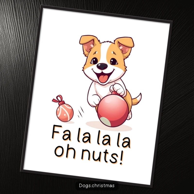 Funny Free Printable Wall Art: Energetic dog enthusiastically chasing a rolling Christmas ornament, full of holiday spirit and action.